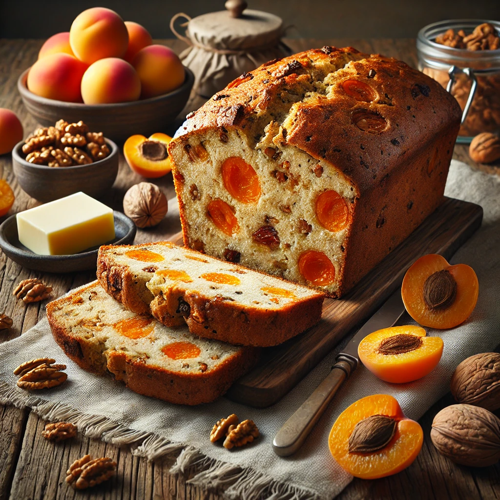 A loaf of freshly baked apricot nut bread sits on a rustic wooden table. The bread is golden brown with visible chunks of dried apricots and walnuts throughout. Slices of the bread are arranged neatly beside the loaf, revealing the moist interior. A small dish of butter and a folded linen napkin accompany the setup, with fresh apricots and walnuts scattered around for added detail. Soft natural light highlights the bread’s warm, inviting texture and colors, creating a cozy, homemade atmosphere.