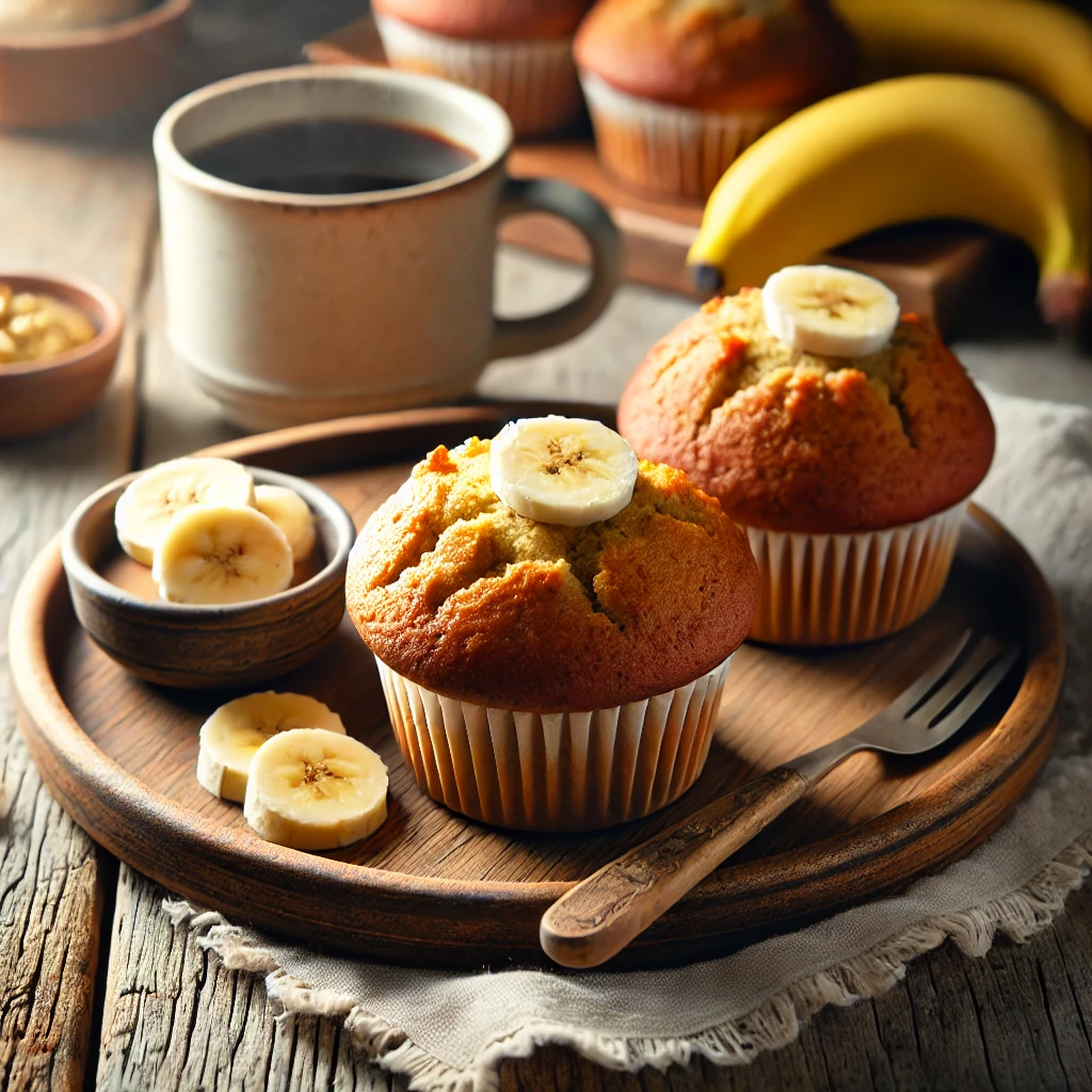 A cozy and inviting presentation of Moist Banana Muffin Tops served on a rustic wooden tray. The muffin tops are golden brown, with a soft and moist texture, garnished with a few banana slices. The setup includes a cup of hot coffee, a small bowl of banana slices, and a warm napkin on a rustic tablecloth, illuminated by bright natural light to highlight their comforting and indulgent appeal, perfect for breakfast or a midday snack.