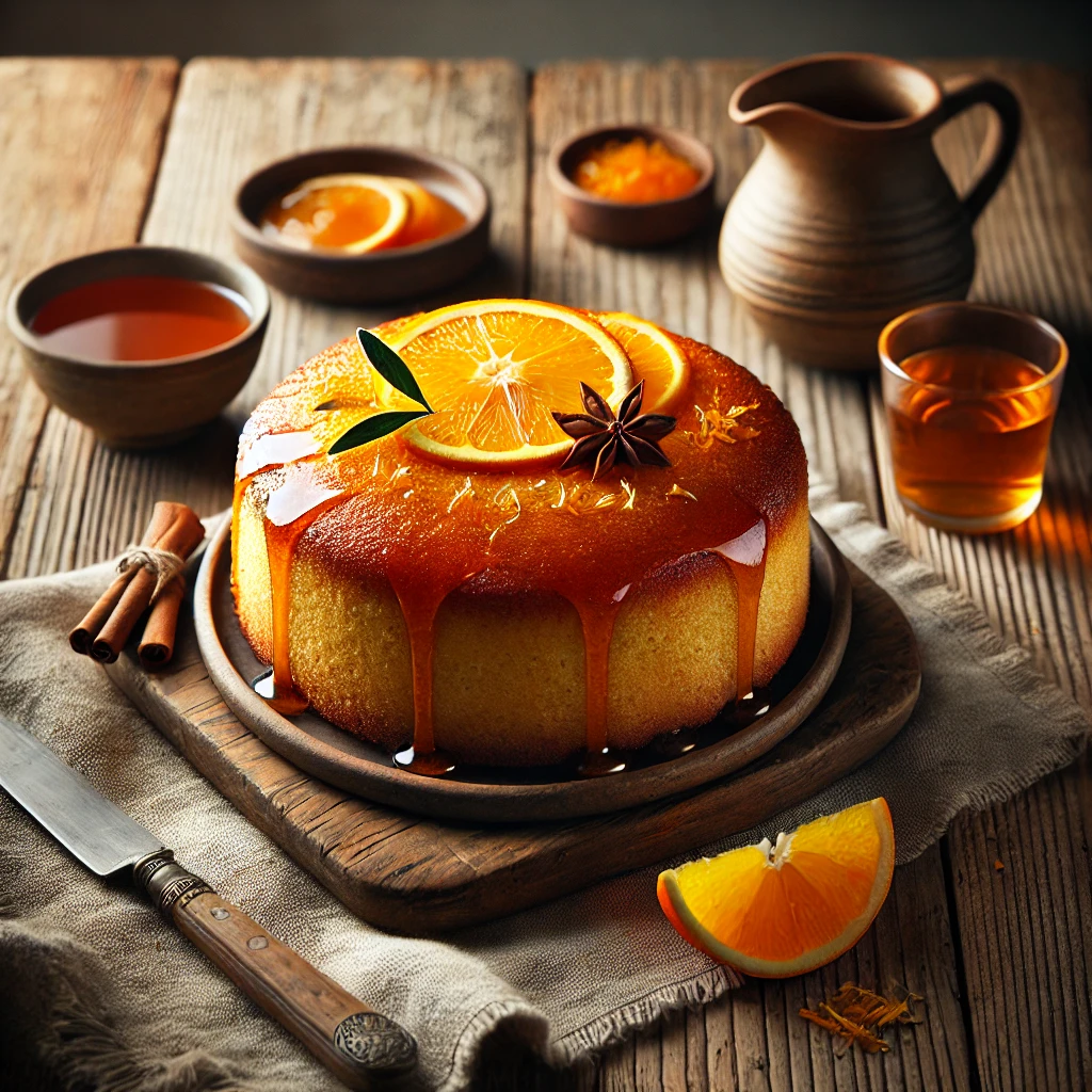 Orange Syrup Cake, golden and moist, with a glossy orange syrup glaze soaking into its surface. Fresh orange slices and a light dusting of zest adorn the top. The cake is styled on a rustic wooden table with a small jug of extra syrup, a wooden cake knife, a linen napkin, and a cup of tea, illuminated by soft natural lighting for a cozy and inviting presentation.