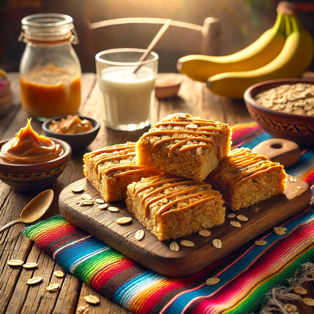 A warm and inviting scene featuring Moist Peanut Butter Oat Bars on a rustic wooden platter. The golden brown bars have a soft and chewy texture, drizzled with peanut butter and garnished with a few oats. The setup includes a colorful Mexican-style tablecloth, a small bowl of peanut butter, a glass of milk, and a ripe banana, illuminated by bright natural light to create a cozy and delicious atmosphere.