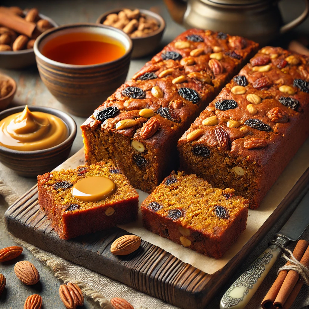 A beautifully plated batch of Molasses Cake Bars, featuring rich, golden-brown bars with a moist texture, packed with warm spices, raisins, and optional nuts. The bars are cut into neat squares and displayed on a rustic wooden board. A drizzle of nut butter is added for extra richness. Accompanied by a cup of herbal tea, the scene is set on a wooden table with soft, warm lighting enhancing the inviting and cozy presentation.