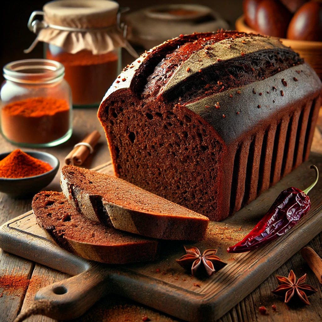 A freshly baked loaf of Mole Bread with a rich, dark crust, infused with chili and cocoa flavors. The loaf rests on a wooden cutting board, with a slice cut to reveal its soft, airy interior. Surrounding the bread on a rustic wooden table are ingredients like chili peppers, cocoa powder, and cinnamon sticks. Warm, natural lighting enhances the artisanal feel, creating a cozy, inviting atmosphere.