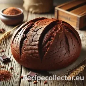 A rustic round loaf of mole whole wheat bread with a cracked brown crust, sliced to show its dense interior, resting on a wooden table with wheat stalks, cocoa nibs, and chili flakes nearby.