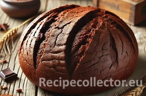 A rustic round loaf of mole whole wheat bread with a cracked brown crust, sliced to show its dense interior, resting on a wooden table with wheat stalks, cocoa nibs, and chili flakes nearby.