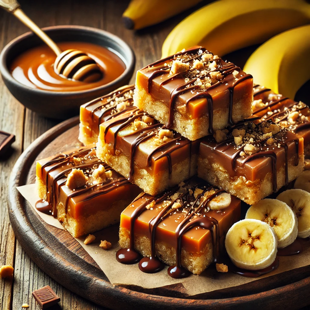 A beautifully plated batch of Monkey Bars, featuring rich, golden-brown bars made with peanut butter, bananas, caramel, and chocolate. The bars are cut into neat squares, drizzled with melted chocolate, and sprinkled with chopped nuts. Displayed on a rustic wooden board, they are accompanied by a side of fresh banana slices and a small dish of caramel sauce. The scene is set on a wooden table with soft, warm lighting enhancing the inviting and indulgent presentation.