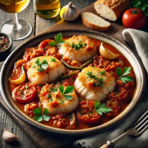 A beautifully plated Monkfish Provençal served in a rustic ceramic dish. The dish features tender, golden-brown monkfish medallions resting on a rich, chunky tomato and white wine sauce, infused with garlic, shallots, and fresh herbs. It is garnished with freshly chopped parsley. The plate sits on a rustic wooden table, accompanied by a glass of white wine, a side of crusty bread, and a linen napkin. Warm, natural lighting enhances the inviting, homemade feel.