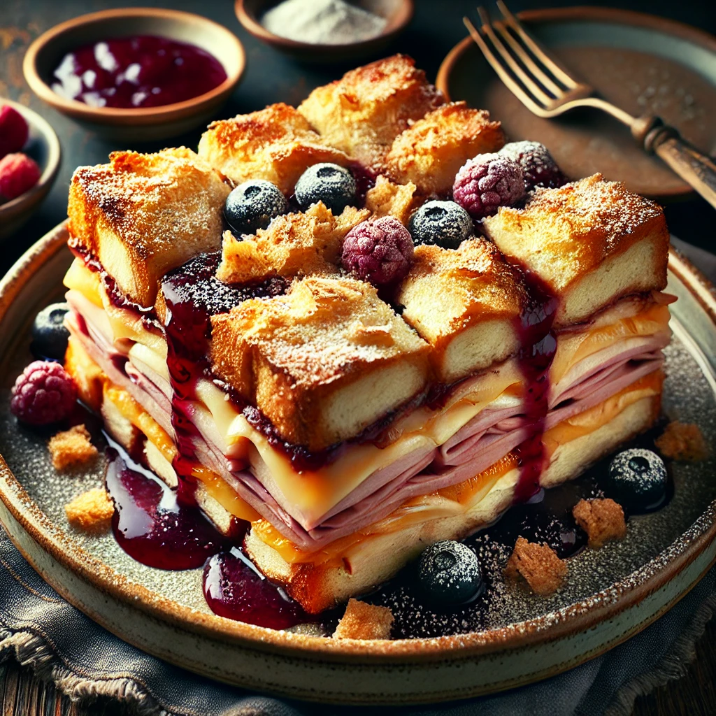 A beautifully plated Monte Cristo Sandwich Strata, featuring layers of golden-brown sourdough bread, shredded Swiss cheese, chicken, and ham. The strata is cut into thick portions, drizzled with a glossy currant jelly sauce, and lightly dusted with powdered sugar. Crisp rice cereal crumbs add a crunchy texture on top. The dish is served on a rustic ceramic plate, placed on a wooden table with a side of fresh berries. Soft, warm lighting enhances the rich, inviting presentation.