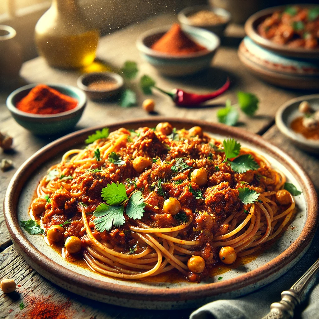 Moroccan Spaghetti on a rustic ceramic plate, featuring al dente spaghetti in a spiced tomato sauce with cumin, cinnamon, paprika, and garlic. Mixed with spiced ground lamb and chickpeas, garnished with cilantro and toasted almonds, set on a wooden table with harissa sauce and a glass of mint tea in the softly blurred background.
