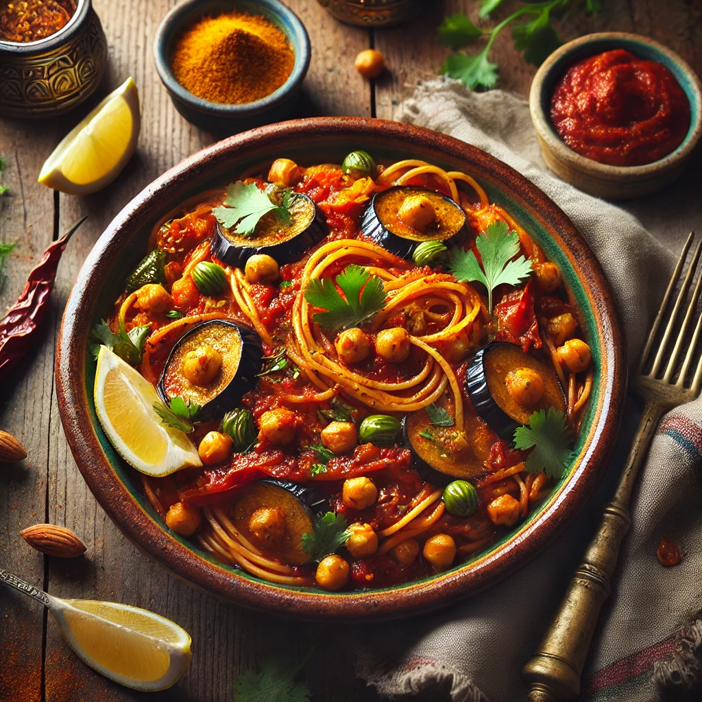 A rustic ceramic bowl of Moroccan-Style Spaghetti tossed in spiced tomato sauce with chickpeas, roasted eggplant, and bell peppers, garnished with cilantro, toasted almonds, and lemon juice, served with harissa and lemon wedges on a wooden table.