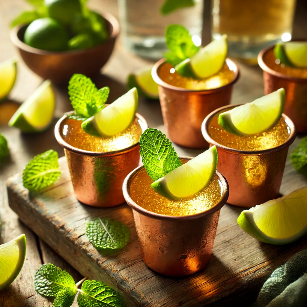 Moscow Mule Jello Shots in small copper cups with golden ginger-lime jello, garnished with lime wedges and mint leaves on a rustic wooden table. A softly blurred vodka bottle and lime bowl in the background, bathed in warm sunlight.