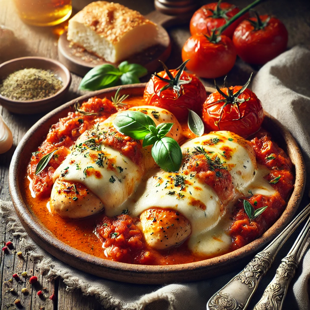 A dish of mozzarella chicken with herb tomato sauce on a rustic ceramic plate. The chicken breasts are topped with golden, bubbly melted mozzarella, served over a rich tomato sauce infused with basil, oregano, and garlic. Garnished with fresh basil sprigs and Parmesan, the plate is accompanied by roasted vegetables and slices of crusty bread. Set on a rustic wooden table with a serving spoon and a glass of red wine, the scene is lit by warm natural light, highlighting the vibrant sauce and melted cheese.