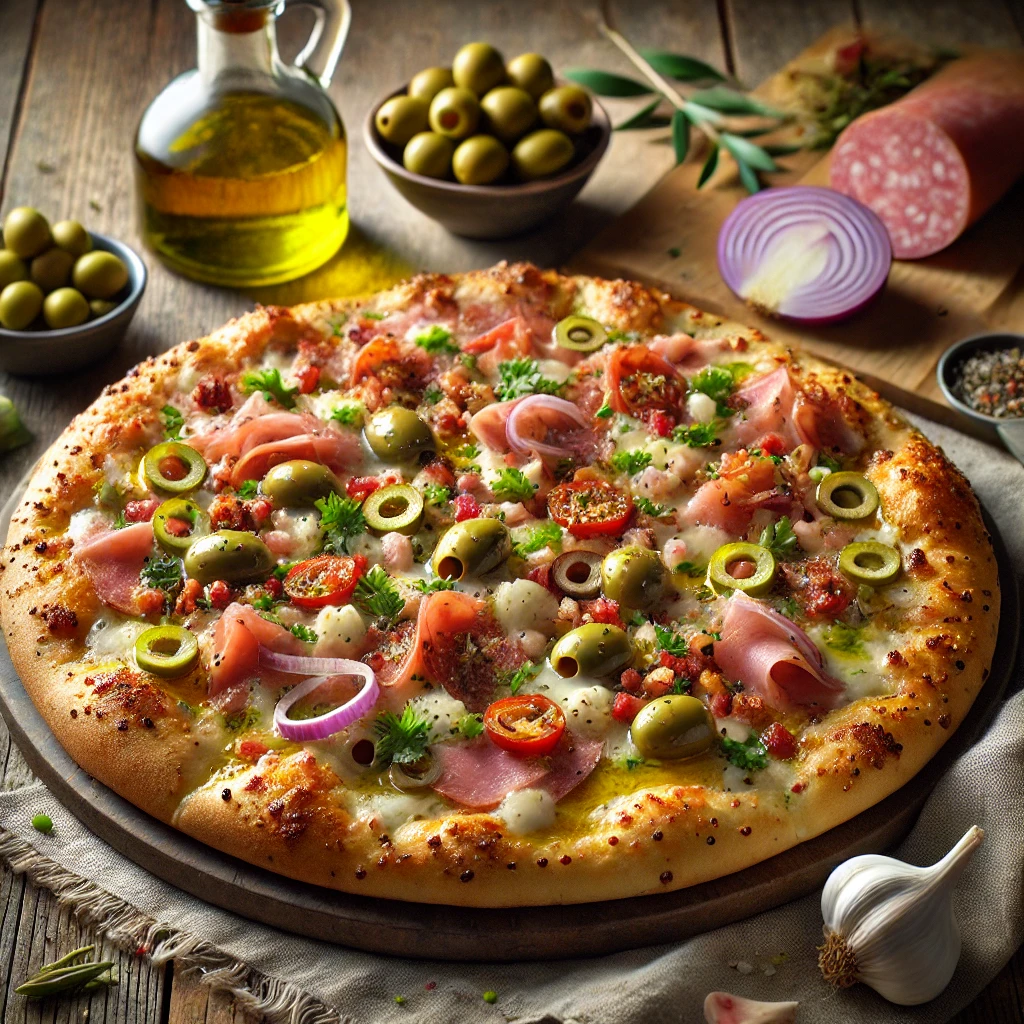 A freshly baked Muffuletta pizza with a golden crust is served on a rustic wooden table. The pizza is topped with a colorful mix of marinated olive salad, diced deli ham and salami, melted provolone cheese, and drizzled with olive oil. Fresh ingredients like olives, garlic, and a bottle of olive oil are placed nearby, creating an appetizing and gourmet presentation.