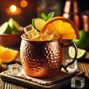 A refreshing Mule Driver cocktail served in a classic copper mug, filled with ice and garnished with a fresh orange slice and lime wedge. The golden-orange drink sits on a rustic wooden bar counter, surrounded by scattered citrus slices, a small dish of crushed ice, and a cocktail napkin, illuminated by warm ambient lighting.