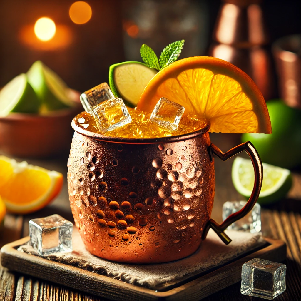 A refreshing Mule Driver cocktail served in a classic copper mug, filled with ice and garnished with a fresh orange slice and lime wedge. The golden-orange drink sits on a rustic wooden bar counter, surrounded by scattered citrus slices, a small dish of crushed ice, and a cocktail napkin, illuminated by warm ambient lighting.