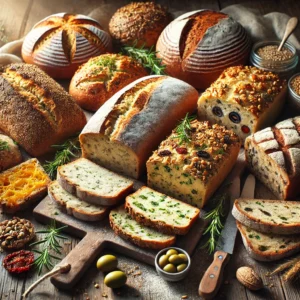 A variety of freshly baked multi-flavored bread on a rustic wooden table, featuring cheese and herb, olive and sun-dried tomato, and nut and seed bread. Each loaf has a unique crust, some golden and crisp, others dusted with flour or sprinkled with seeds. A few slices are cut to reveal the flavorful, textured interiors. The bread rests on a wooden cutting board, with scattered fresh herbs, nuts, and olives nearby. Soft natural lighting enhances the warm, inviting tones.