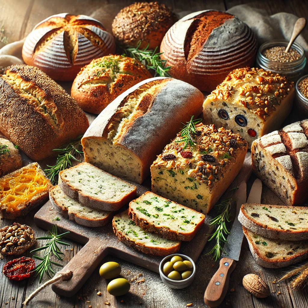 A variety of freshly baked multi-flavored bread on a rustic wooden table, featuring cheese and herb, olive and sun-dried tomato, and nut and seed bread. Each loaf has a unique crust, some golden and crisp, others dusted with flour or sprinkled with seeds. A few slices are cut to reveal the flavorful, textured interiors. The bread rests on a wooden cutting board, with scattered fresh herbs, nuts, and olives nearby. Soft natural lighting enhances the warm, inviting tones.