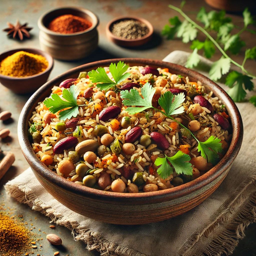 A rustic bowl of Multigrain Pilaf with beans, lentils, and spices, garnished with cilantro and toasted almonds, set on a wooden table with spices and fresh herbs in the background.