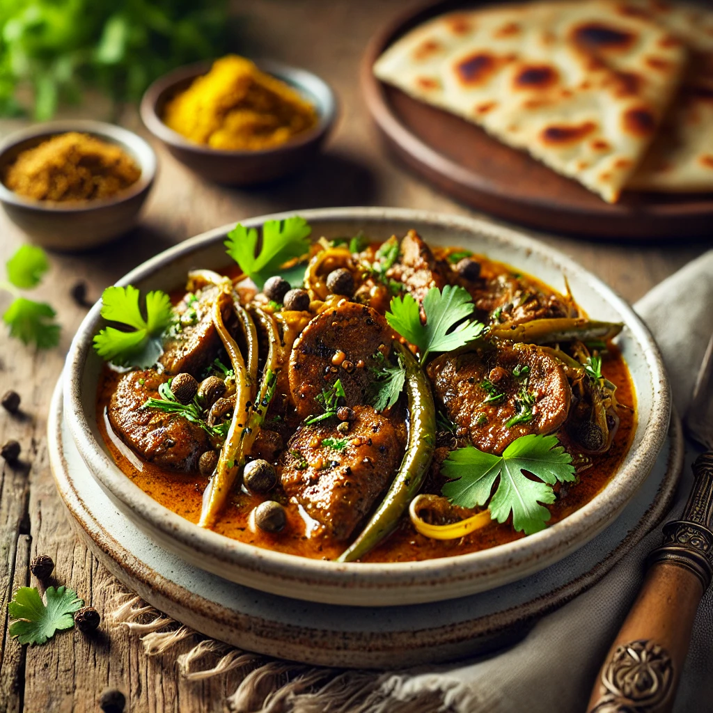 A beautifully plated dish of Murgh Ki Masedar Kaleji (Chicken Livers with Fennel and Black Pepper) served on a rustic wooden table. The dish features tender, lightly browned chicken livers in a rich, spiced sauce with hints of mustard, fennel, and black pepper. Garnished with fresh green coriander and served in a white ceramic bowl. A side of toasted bread or naan is placed nearby for dipping. The warm wooden table and softly blurred background enhance the inviting and authentic Indian presentation.