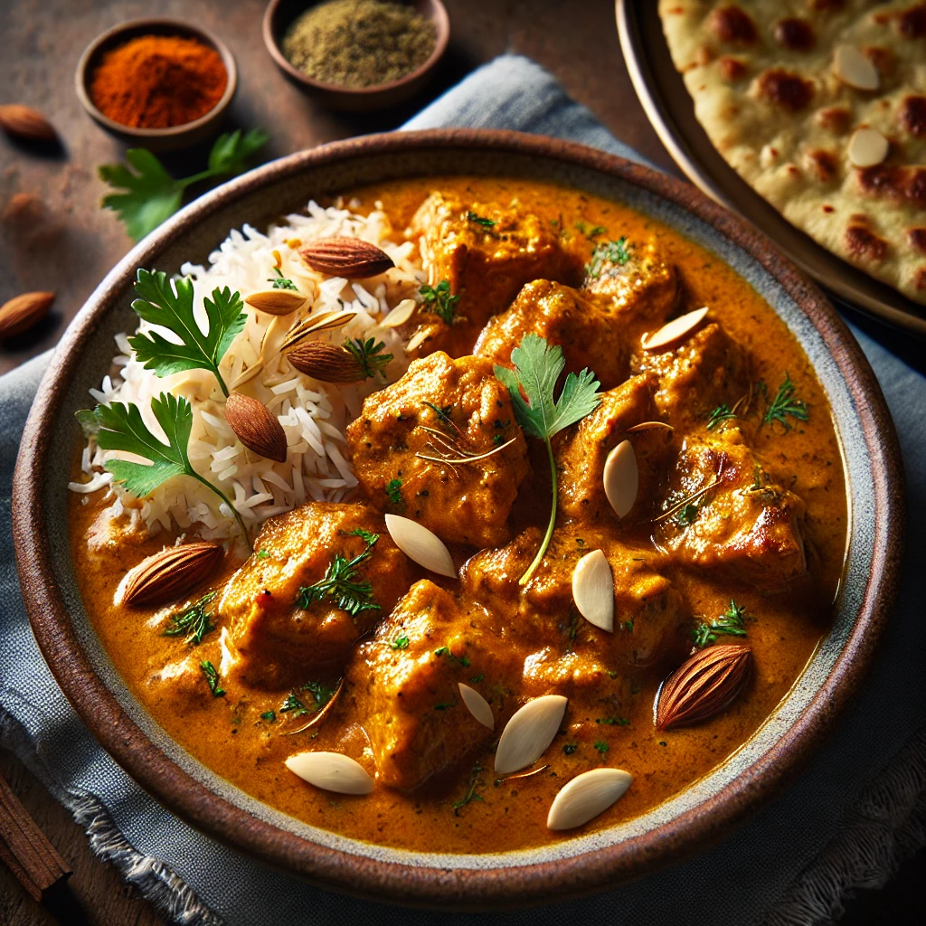 A beautifully plated dish of Murgh Korma (Quick Chicken Korma), featuring tender, boneless chicken pieces simmered in a rich, creamy sauce made with yogurt, ground nuts, and aromatic spices. The dish has a deep golden hue with hints of saffron and turmeric. Garnished with slivered almonds and fresh coriander, it is served in a rustic ceramic bowl. Accompanied by a side of warm naan and fragrant basmati rice, the bowl rests on a wooden table, with soft, warm lighting enhancing the inviting and flavorful presentation.