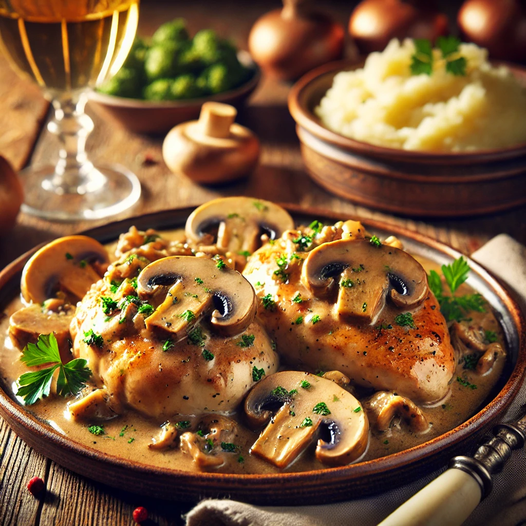 Mushroom Chicken Breasts on a rustic ceramic plate, featuring golden-seared chicken smothered in a creamy mushroom sauce with garlic, onions, and herbs. Garnished with parsley, set on a wooden table with mashed potatoes and a glass of white wine in the softly blurred background.