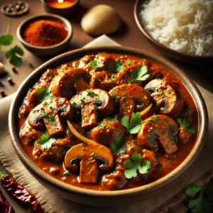 A beautifully plated dish of Mushroom Curry, featuring tender mushrooms simmered in a rich, spiced tomato-based sauce infused with Indian spices like cumin, coriander, and garam masala. The dish has a deep golden-brown hue with hints of red and orange from the curry. Garnished with fresh coriander and a drizzle of coconut milk, it is served in a rustic ceramic bowl. Accompanied by fragrant basmati rice and warm naan, the bowl rests on a wooden table with soft, warm lighting enhancing the inviting and flavorful presentation.