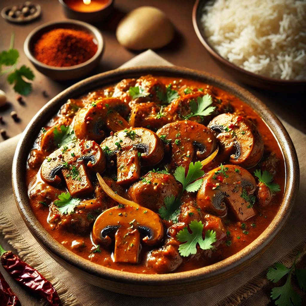 A beautifully plated dish of Mushroom Curry, featuring tender mushrooms simmered in a rich, spiced tomato-based sauce infused with Indian spices like cumin, coriander, and garam masala. The dish has a deep golden-brown hue with hints of red and orange from the curry. Garnished with fresh coriander and a drizzle of coconut milk, it is served in a rustic ceramic bowl. Accompanied by fragrant basmati rice and warm naan, the bowl rests on a wooden table with soft, warm lighting enhancing the inviting and flavorful presentation.