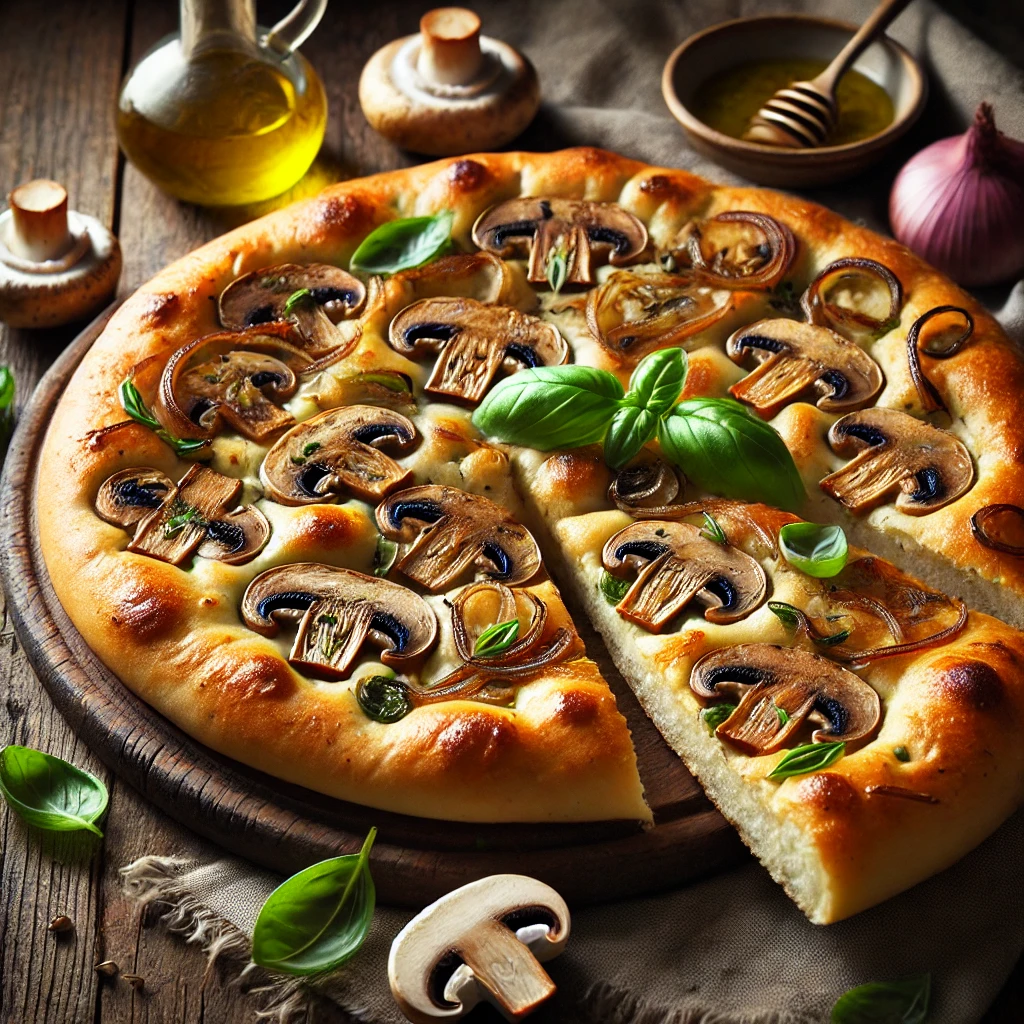 A freshly baked mushroom, onion, and basil focaccia on a rustic wooden table, featuring a golden, crispy crust with dimples on the surface. The bread is topped with sautéed mushrooms, caramelized onions, and fresh basil leaves. A few slices are cut to reveal the soft, airy interior. The focaccia rests on a wooden cutting board, accompanied by a small dish of olive oil, scattered basil leaves, and whole mushrooms. Soft natural lighting enhances the warm, inviting tones.