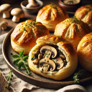 A batch of golden, flaky Mushroom Puffs filled with a creamy mushroom and herb mixture. The crisp pastry is slightly lifted to reveal the rich filling of chestnut mushrooms, shallots, thyme, and cream. The puffs are arranged on a rustic serving plate, garnished with fresh parsley, and set on a wooden table with a linen napkin and a small dish of extra filling nearby. Warm, natural lighting enhances the inviting textures and colors.
