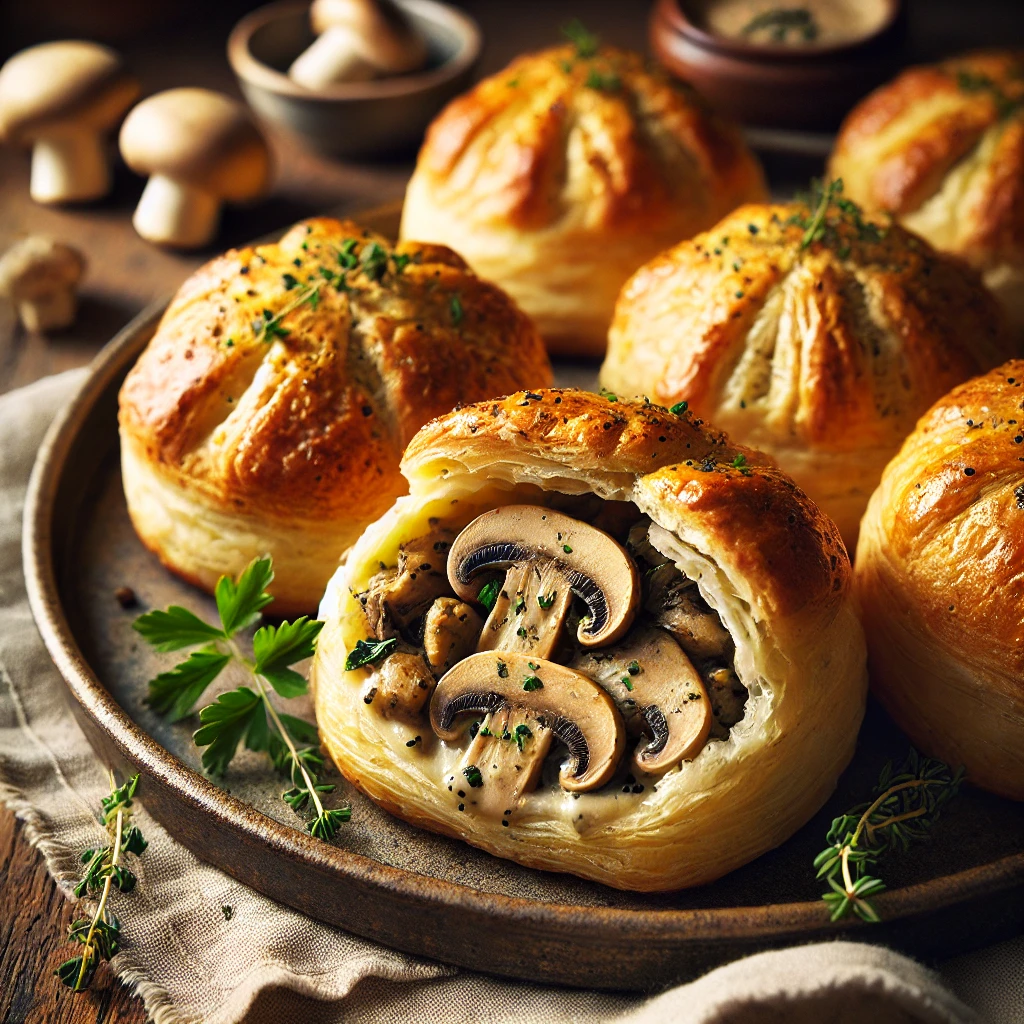 A batch of golden, flaky Mushroom Puffs filled with a creamy mushroom and herb mixture. The crisp pastry is slightly lifted to reveal the rich filling of chestnut mushrooms, shallots, thyme, and cream. The puffs are arranged on a rustic serving plate, garnished with fresh parsley, and set on a wooden table with a linen napkin and a small dish of extra filling nearby. Warm, natural lighting enhances the inviting textures and colors.
