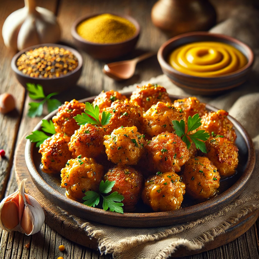 Bite-sized, golden-brown chicken pieces coated in a tangy mustard and garlic glaze, garnished with fresh parsley and served with honey mustard dipping sauce.