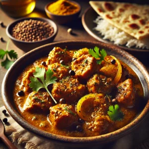 A beautifully plated dish of Mustard-Spiced Pork Curry, featuring tender pork pieces slow-cooked in a rich, mustard-infused curry sauce. The dish has a deep golden hue with hints of turmeric, cumin, and black mustard seeds. Garnished with fresh coriander and a drizzle of mustard oil, it is served in a rustic ceramic bowl. Accompanied by fragrant basmati rice and warm naan, the bowl rests on a wooden table with soft, warm lighting enhancing the inviting and flavorful presentation.