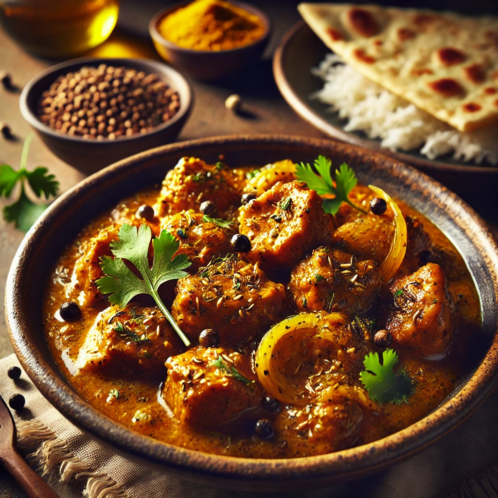 A beautifully plated dish of Mustard-Spiced Pork Curry, featuring tender pork pieces slow-cooked in a rich, mustard-infused curry sauce. The dish has a deep golden hue with hints of turmeric, cumin, and black mustard seeds. Garnished with fresh coriander and a drizzle of mustard oil, it is served in a rustic ceramic bowl. Accompanied by fragrant basmati rice and warm naan, the bowl rests on a wooden table with soft, warm lighting enhancing the inviting and flavorful presentation.