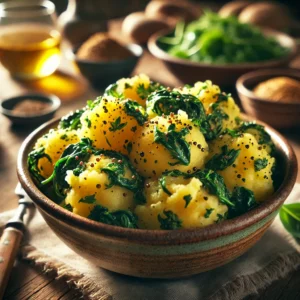 Mustard and Spinach Smashed Potatoes in a rustic ceramic bowl, featuring tender, skin-on potatoes mixed with whole-grain mustard, sautéed spinach, butter, and garlic. Garnished with parsley and black pepper, set on a wooden table with extra mustard and a glass of white wine in the softly blurred background.