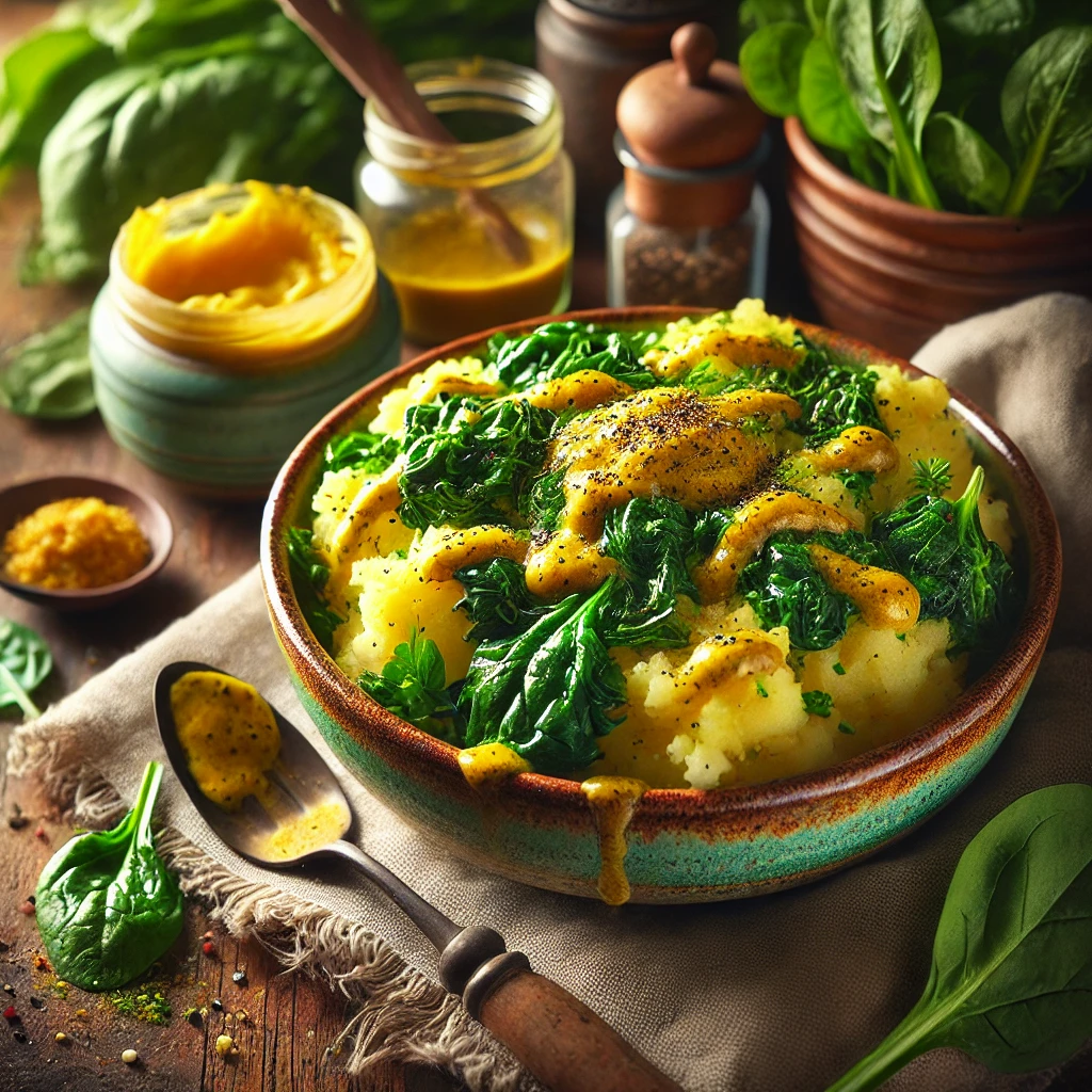 A bowl of creamy smashed potatoes mixed with spinach and mustard dressing, garnished with parsley and black pepper, served on a rustic wooden table with mustard and spinach leaves in the background.