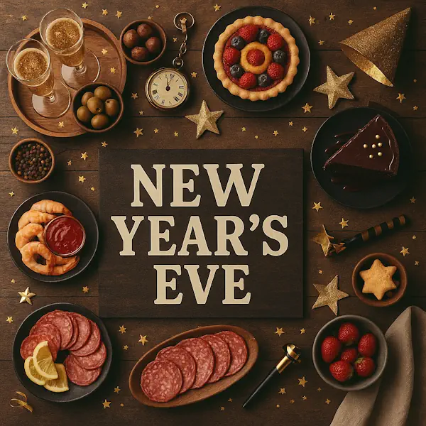 Top-down view of a rustic wooden table featuring a festive New Year's Eve spread arranged around a central sign labeled NEW YEAR'S EVE. Includes champagne glasses, a fruit tart, chocolate cake, shrimp with cocktail sauce, salami with lemon, olives, strawberries, and star-shaped cookies, all surrounded by golden confetti, party hats, and a vintage clock symbolizing the countdown to midnight.