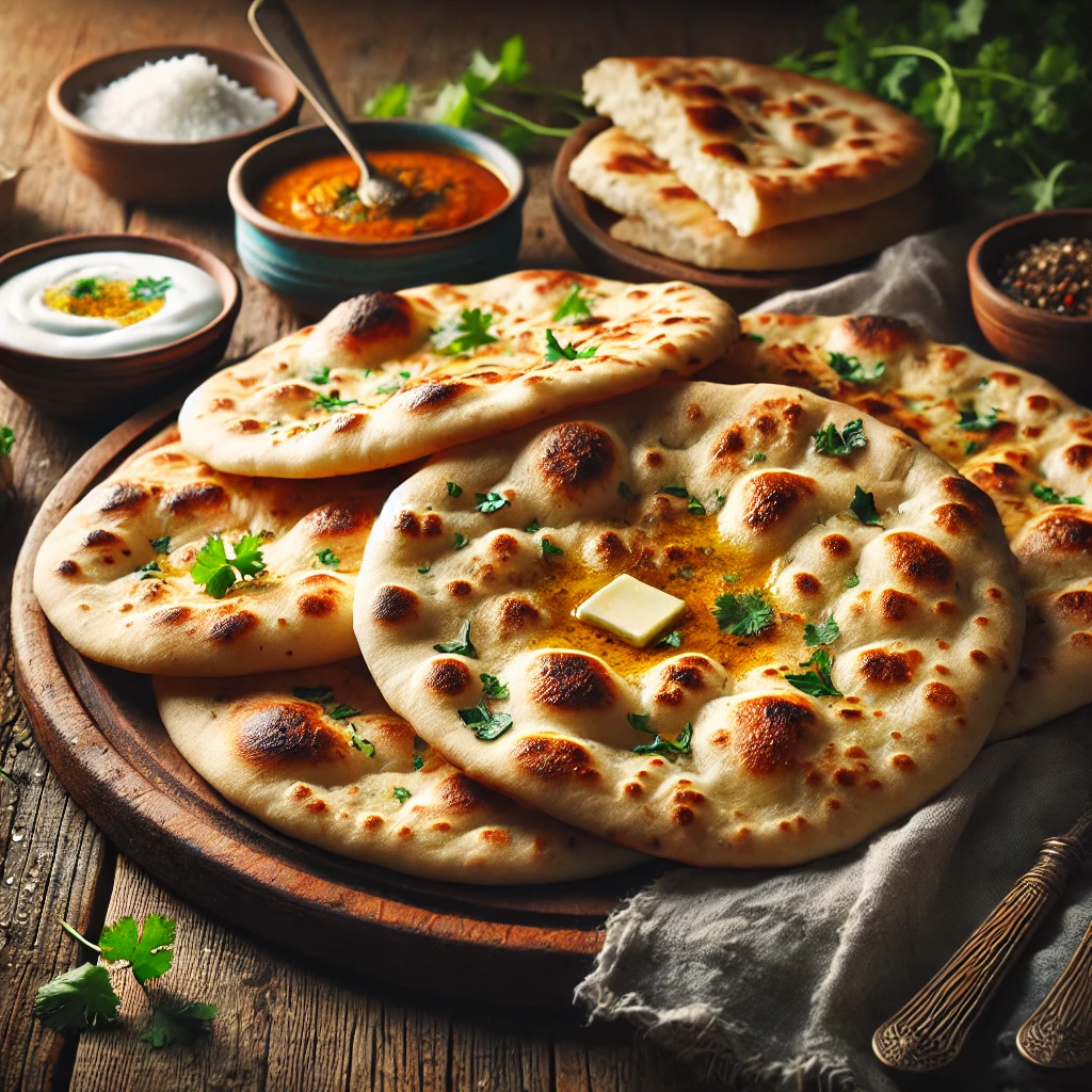 A freshly baked naan bread on a rustic wooden table, featuring a golden, slightly charred surface with soft, fluffy layers. Some pieces are brushed with butter and sprinkled with fresh cilantro. A few naan are stacked, while one is torn open to reveal the airy, tender interior. The bread rests on a wooden platter, accompanied by a small dish of yogurt sauce, a bowl of curry, and scattered fresh herbs. Soft natural lighting enhances the warm, inviting tones.