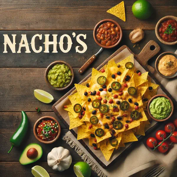A rustic flat lay of tortillas on a medium-dark wooden table with horizontal planks. A stack of soft flour tortillas and a few folded or rolled tortillas are shown with garnishes like salsa, cheese, beans, and grilled vegetables. At the top, the word 'TORTILLA'S' is written in extra-large cream-colored serif letters, centered and clearly visible.