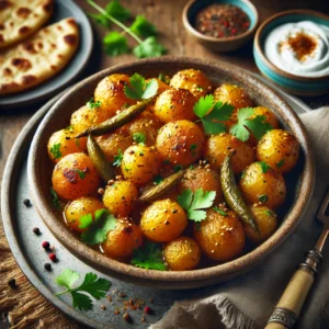 A beautifully plated dish of New Potatoes with Cumin, featuring tender, golden baby potatoes sautéed with aromatic cumin seeds and a blend of warm spices. The dish has a rich, golden-brown hue with a slight crisp on the edges. Garnished with fresh cilantro and a sprinkle of coarse sea salt, it is served in a rustic ceramic bowl. Accompanied by a side of cooling yogurt and warm naan, the bowl rests on a wooden table with soft, natural lighting enhancing the inviting and flavorful presentation.