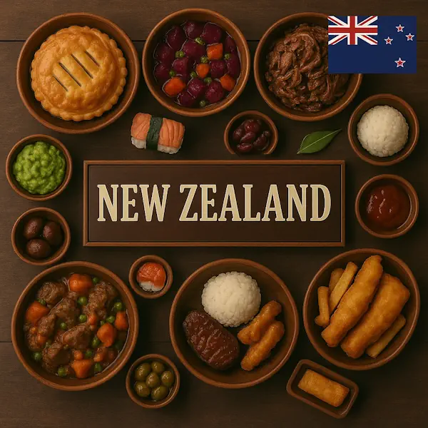 Authentic New Zealand cuisine flat lay with traditional meat pies, lamb stew, fish and chips, sushi, peas, and local dishes in rustic wooden bowls, centered around NEW ZEALAND sign with national flag.