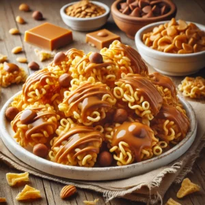 A plate of no-bake butterscotch haystacks on a rustic wooden table, featuring crunchy chow mein noodles coated in smooth, melted butterscotch. Some haystacks are drizzled with extra butterscotch, while others are sprinkled with chopped nuts. A few pieces are broken apart to reveal the crispy interior, with scattered butterscotch chips and nuts adding to the homemade charm. Soft natural lighting enhances the warm, golden tones.