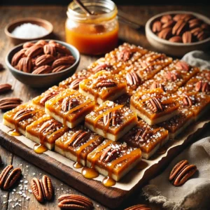 A beautifully plated batch of No-Bake Pecan Brittle Bars, featuring golden caramelized pecans layered over a crunchy, buttery base. The bars are cut into neat squares, drizzled with a touch of honey, and sprinkled with sea salt for extra flavor. Displayed on a rustic wooden board, they are accompanied by a small dish of caramel sauce and whole pecans. The scene is set on a wooden table with soft, warm lighting enhancing the inviting and indulgent presentation.