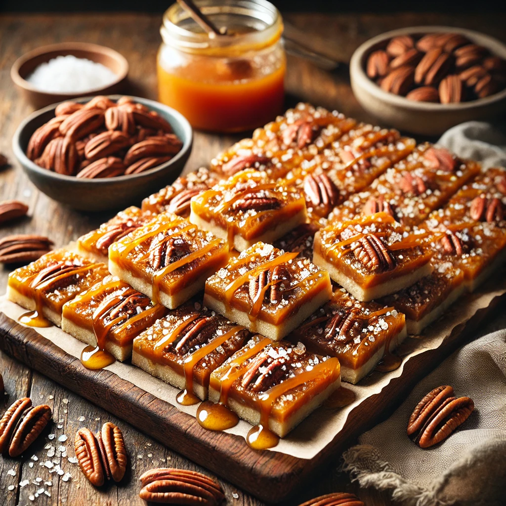 A beautifully plated batch of No-Bake Pecan Brittle Bars, featuring golden caramelized pecans layered over a crunchy, buttery base. The bars are cut into neat squares, drizzled with a touch of honey, and sprinkled with sea salt for extra flavor. Displayed on a rustic wooden board, they are accompanied by a small dish of caramel sauce and whole pecans. The scene is set on a wooden table with soft, warm lighting enhancing the inviting and indulgent presentation.