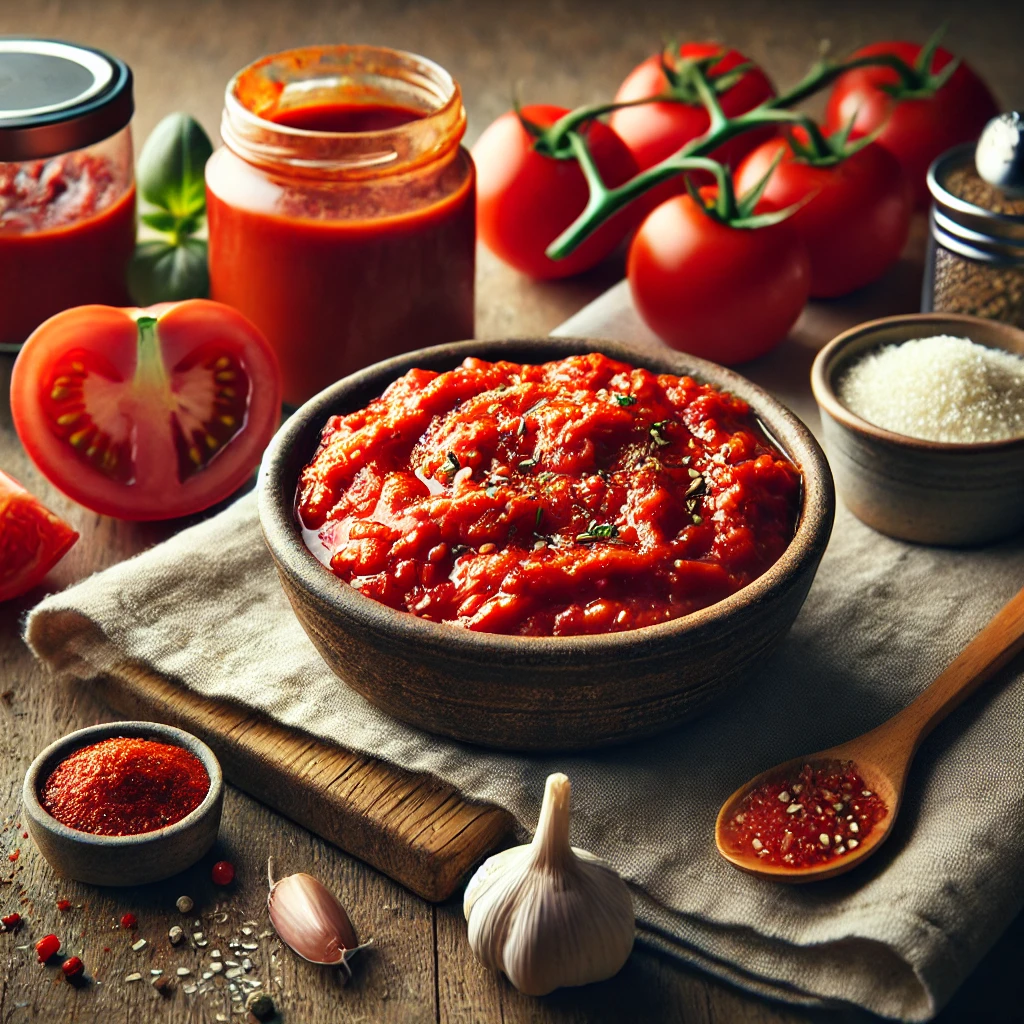 A vibrant red bowl of uncooked pizza sauce sits on a rustic wooden table, textured with visible pieces of crushed tomatoes, minced garlic, and herbs like oregano and basil. Surrounding the bowl are whole tomatoes, a can of tomato paste, grated Pecorino Romano, sugar, and black pepper. A wooden spoon and a folded linen napkin complete the cozy and fresh presentation.