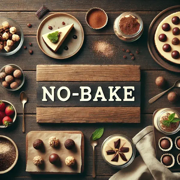 A rustic flat lay of no-bake desserts on a medium-dark wooden table with horizontal planks. The selection includes cheesecake slices, chocolate truffles, energy balls, and layered parfaits in jars, garnished with berries, cocoa powder, and mint leaves. At the top, the words 'NO BAKE' are written in large cream-colored serif letters, centered and clearly visible.