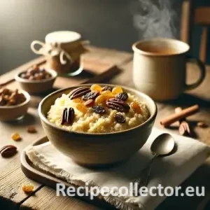 A bowl of bulgur porridge made with soy nog, topped with raisins and pecans, set on a rustic wooden table with a warm, cozy breakfast atmosphere.