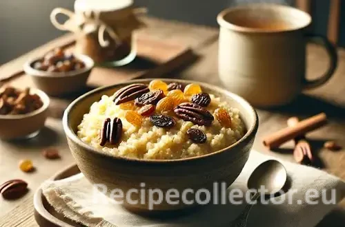 A bowl of bulgur porridge made with soy nog, topped with raisins and pecans, set on a rustic wooden table with a warm, cozy breakfast atmosphere.