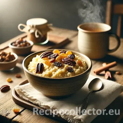 A bowl of bulgur porridge made with soy nog, topped with raisins and pecans, set on a rustic wooden table with a warm, cozy breakfast atmosphere.