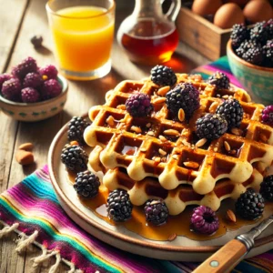 A delightful breakfast scene featuring Nutty Blackberry Waffles with a Maple Twist, stacked on a rustic plate. The golden brown waffles are topped with fresh blackberries, a sprinkle of chopped nuts, and drizzled with maple syrup. The setup includes a colorful Mexican-style tablecloth, a small bowl of blackberries, a glass of orange juice, and a fork, illuminated by bright natural light to create a cozy and cheerful atmosphere.