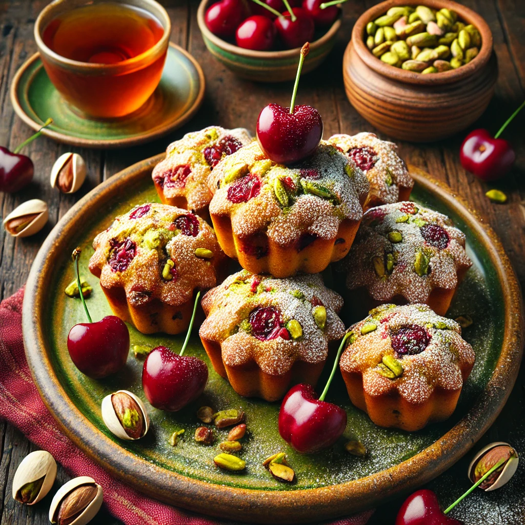 A vibrant and inviting presentation of Nutty Cherry Pistachio Scoffins served on a rustic ceramic plate. The scoffins are golden brown with visible pieces of cherries and crushed pistachios on top, garnished with a light dusting of powdered sugar. The setup includes a small bowl of cherries, a handful of pistachios, and a cup of herbal tea on a wooden table, illuminated by bright natural light to highlight their nutty-fruity appeal, perfect for a tea time treat