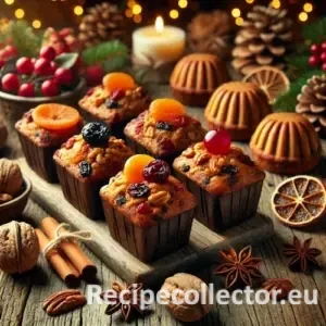 A rustic holiday scene with six golden-brown mini nutty fruitcakes in loaf pans, topped with glossy candied fruits and nuts, surrounded by festive decorations like pinecones and cinnamon sticks.